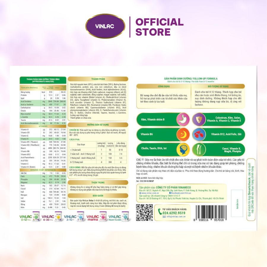 Sữa bột Vinlac Baby (số 0) 900g