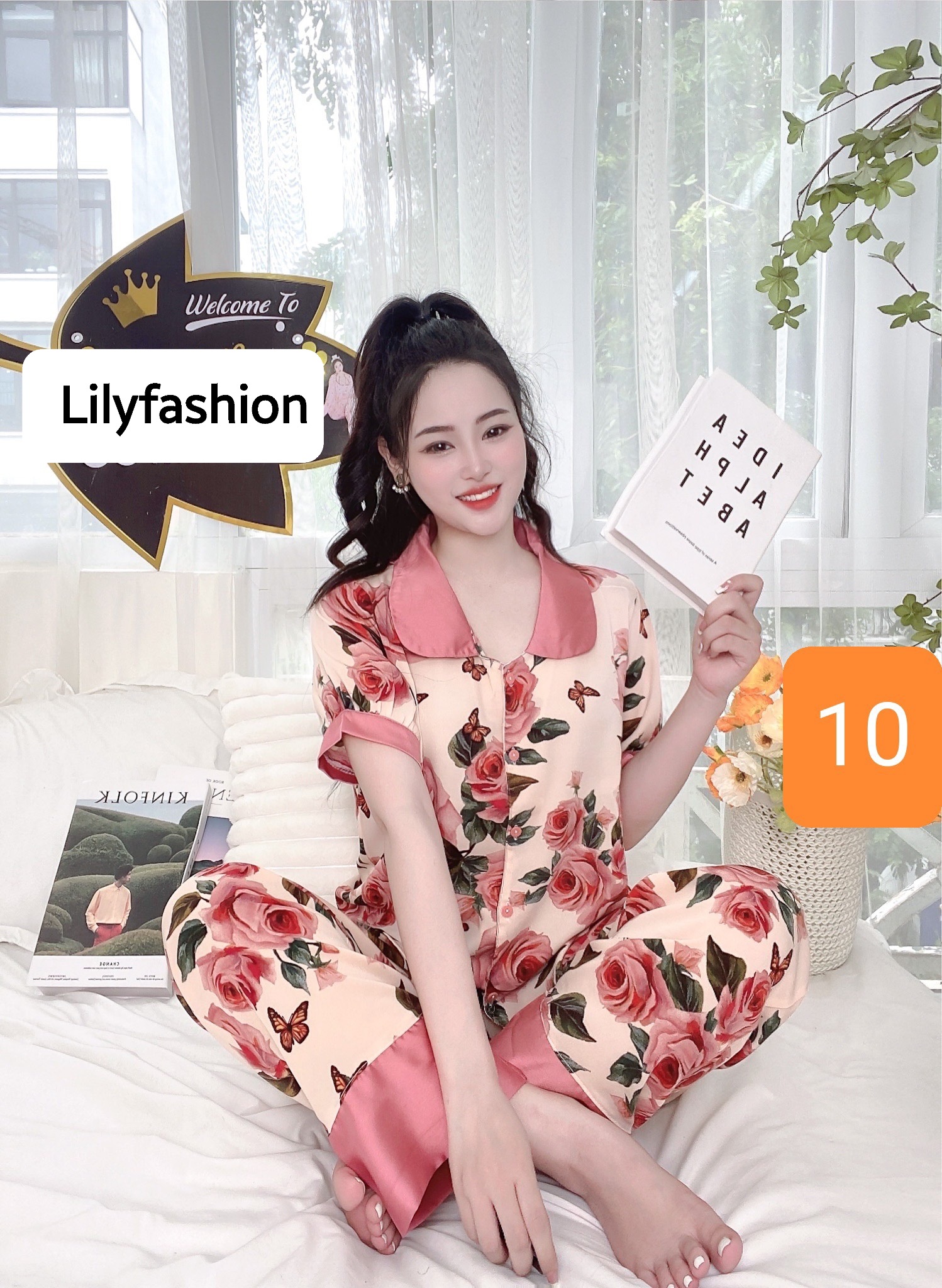 Đồ bộ mặc nhà nữ, pijama vải lụa áo cộc quần dài