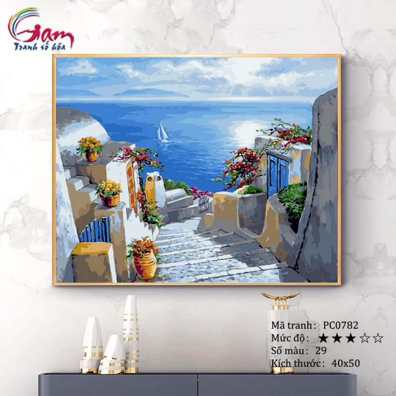 Tranh tô màu theo số phong cảnh thiên nhiên - Mã PC0782 Tranh sơn dầu số hóa  biển Địa Trung Hải Santorini 