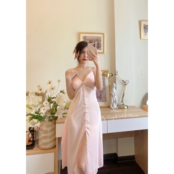 Váy ngủ lụa 2s tiểu thư dáng dài hàng Quảng Châu cao cấp SP08