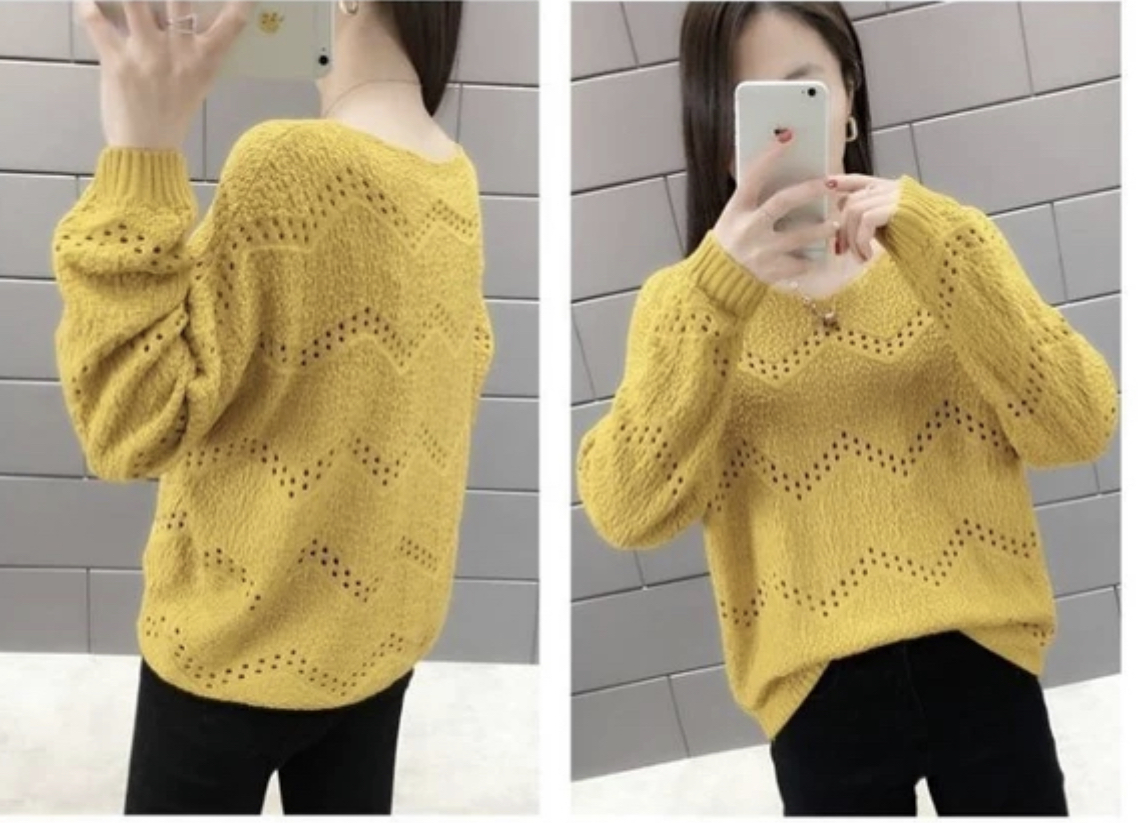 MS317 Áo len lỗ zigzag cổ tim dáng suông