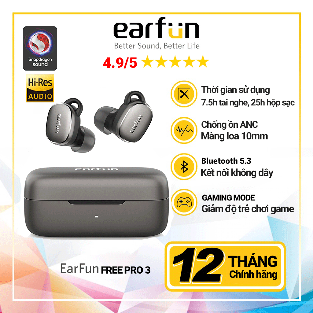 Tai nghe True Wireless EarFun Free Pro 3, Bluetooth 5.3, chống ồn ANC chip Qualcomm QCC3072