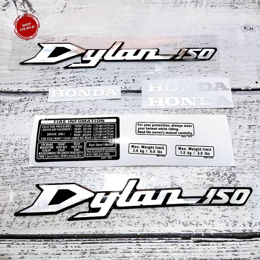 Tem decal nổi DYLAN 150 kèm thông số như hình