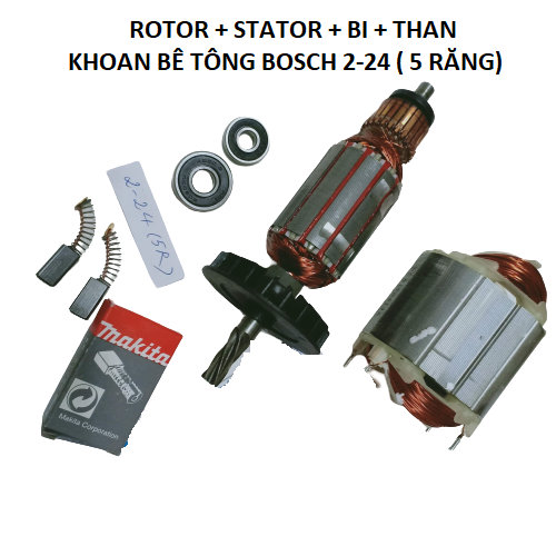 Bộ Rotor và stator cuộn điện máy khoan bê tông 2-24 , 5 răng - kèm 2 vòng bi và 01 đôi than