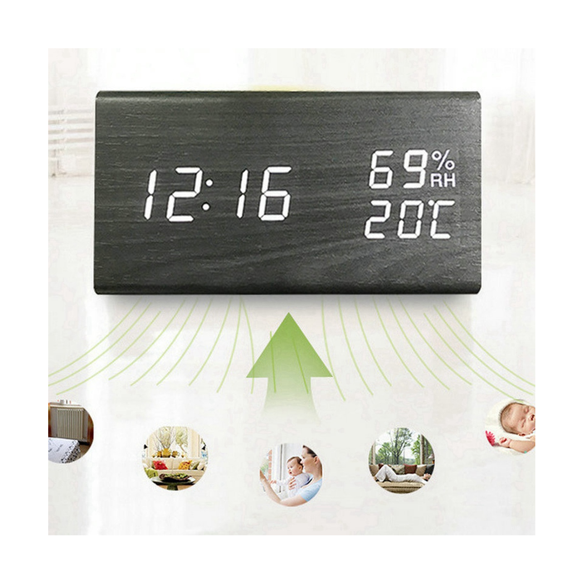 Alarm Clock Digital Wood LED Table Clock with Humidity and Temperature Display USB Power Connection