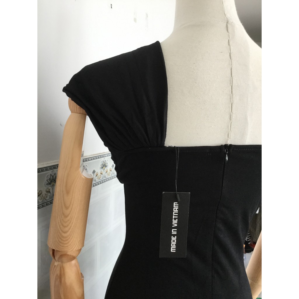 [Ảnh thật] Đầm thun body đen lệch vai lai bèo