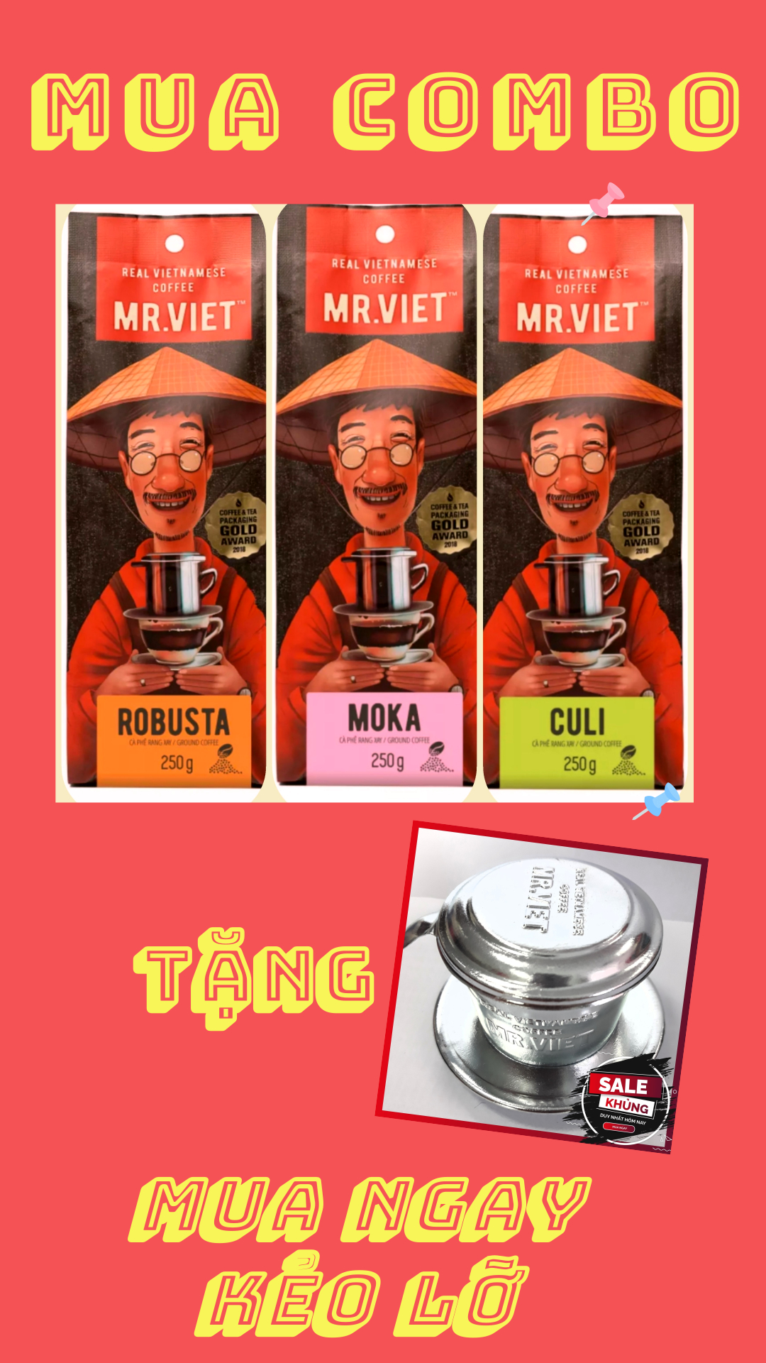 Combo Cà phê rang xay 250g MR VIET ( Moka-Cui-Robusta)/Combo coffee  MR.VIET