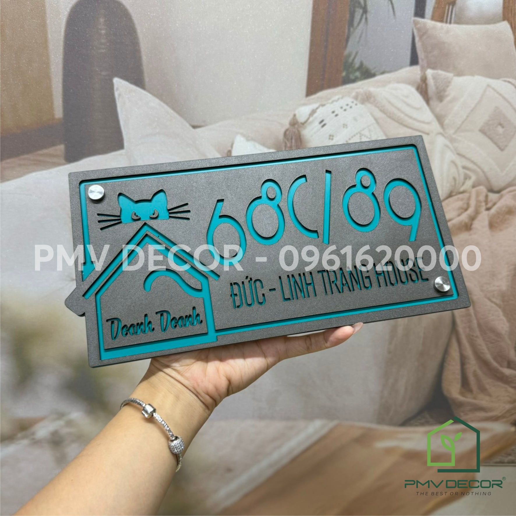 BẢNG, BIỂN SỐ NHÀ. Alcorest xanh + mica ghi sần, số chìm,ngoài trời, BSN-PMV77