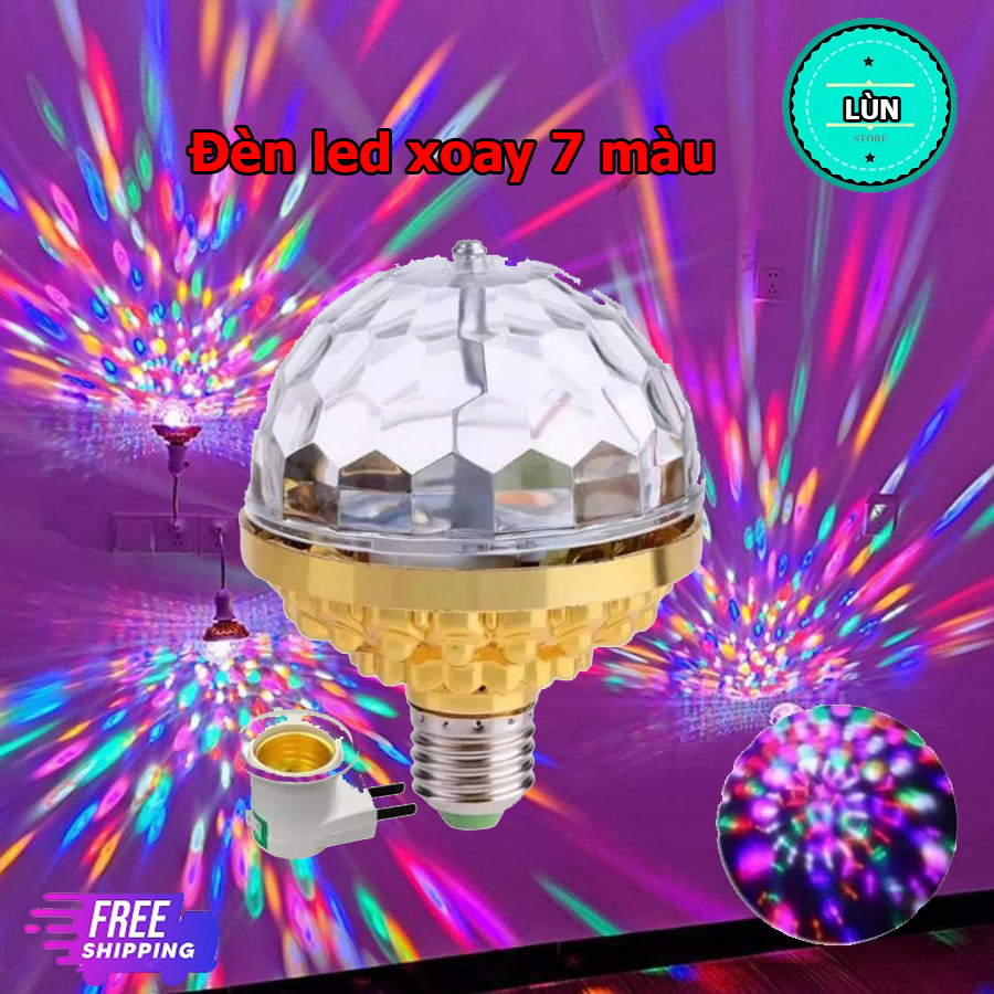 Đèn led xoay 7 màu vũ trường kèm đui cắm nháy chớp theo nhạc bay phòng sân khấu hiệu ứng xoay 360 độ, đèn sân khấu, vũ trường, bar, đèn led vũ trường 7 màu xoay 360 độ