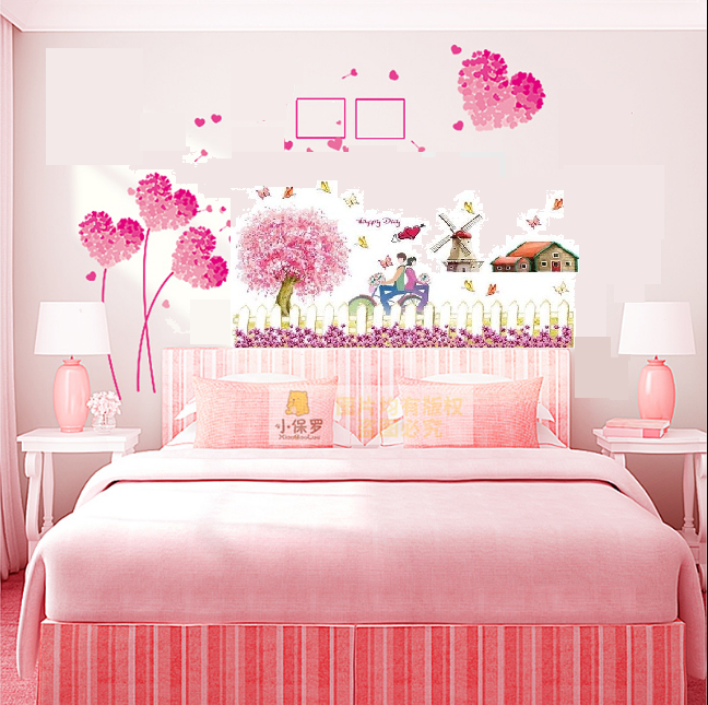Decal dán tường trái tim hồng và cặp đôi cây trái tim 2