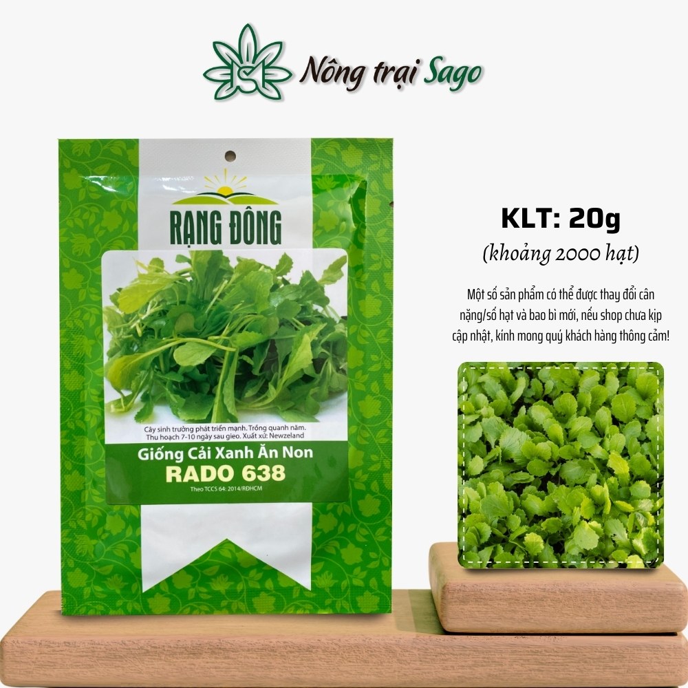 Hạt giống Cải Xanh Ăn Non Rado 638 (20g~2000 hạt) dễ chăm sóc, trồng quanh năm, nhanh thu hoạch, hiệu Hạt giống Rạng Đông - Nông Trại Sago