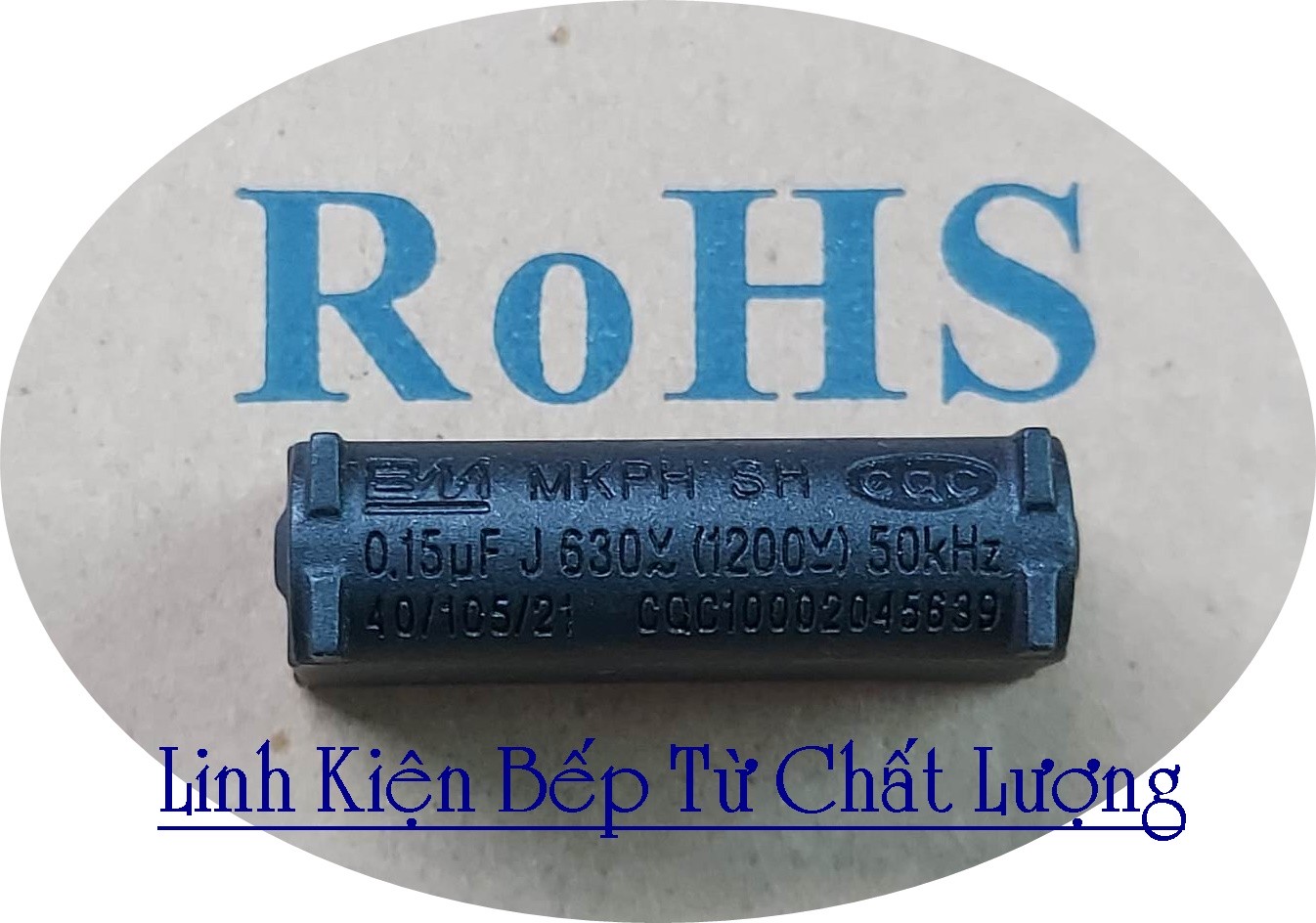 Tụ bếp từ mkph 0.15uf 630vac 1200vdc dáng đứng, mới.