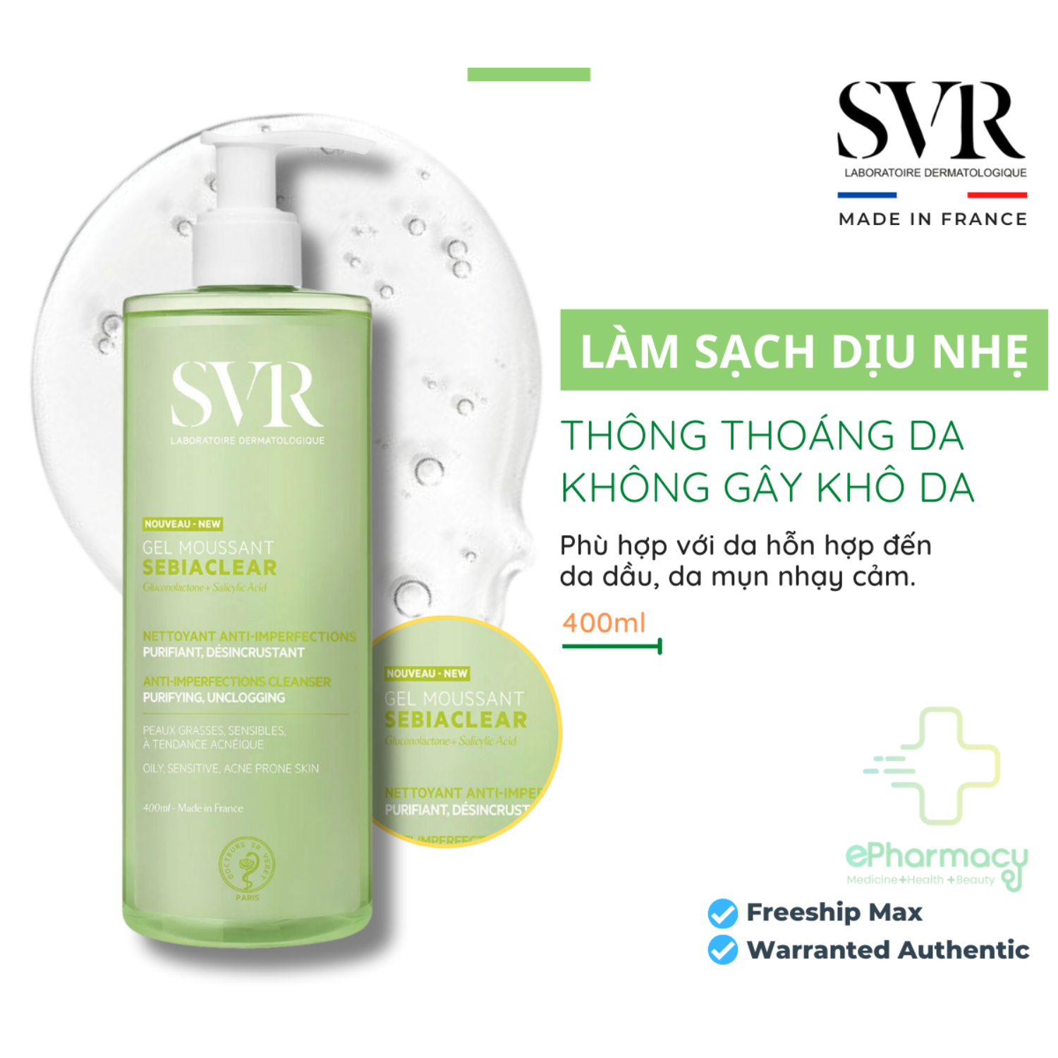 Gel rửa mặt SVR Sebiaclear Gel Mousant không chứa xà phòng, làm sạch & loại bỏ tế bào da chết
