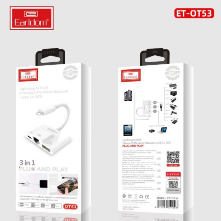 JACK CHUYỂN LIGHTNING 3IN1 EARLDOM OT53 (1 CỔNG SẠC + 1 CỔNG RJ45 + USB 3.0)
