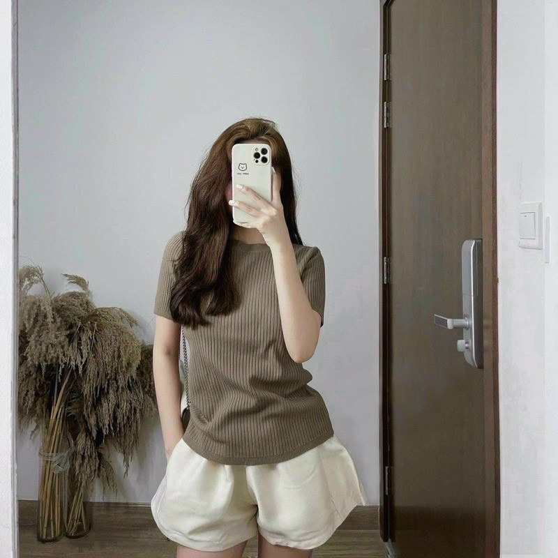 Áo cộc tay cổ tròn chất len tăm, áo thun dáng ôm basic