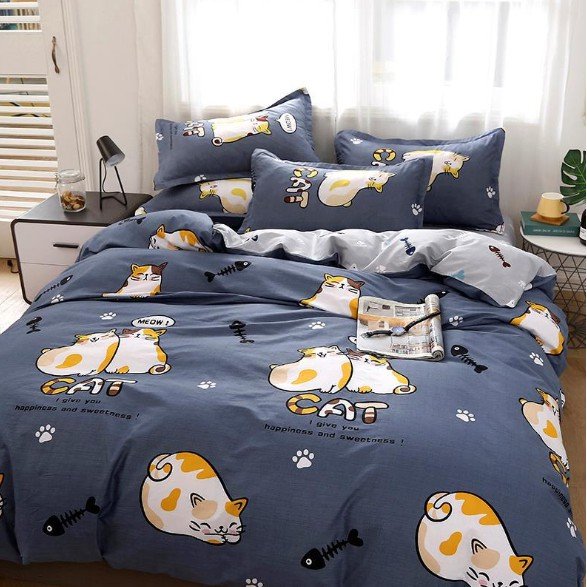 Bộ ga và 2 vỏ gối Cotton Poly Mẫu MÈO CAT XANH