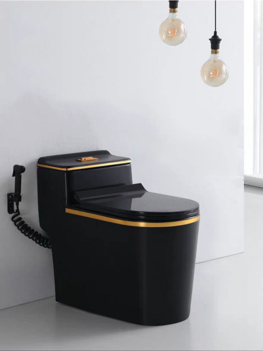 Bồn cầu 1 khối màu đen bóng viền vàng sang trọng