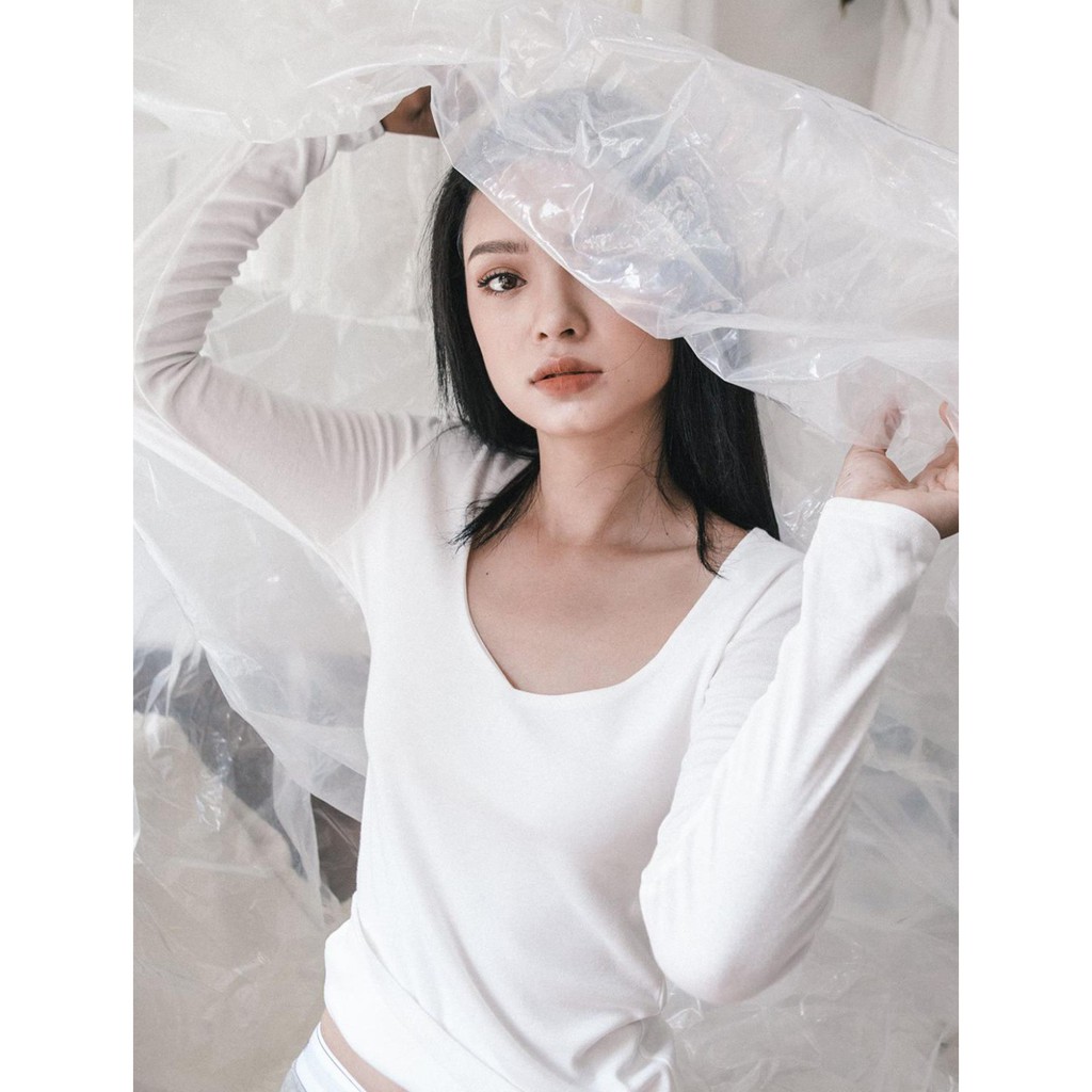 Áo Thun Nữ Tay Dài Cổ Tim Dáng Ôm Trắng - SVLS  ( Freesize dưới 55kg )