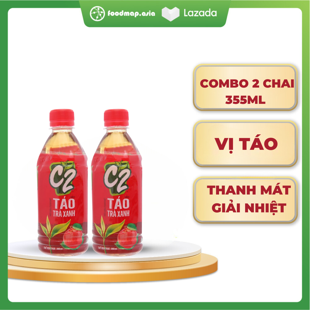 [COMBO 2 CHAI] Trà Xanh C2 Hương Táo - Chai 355ml