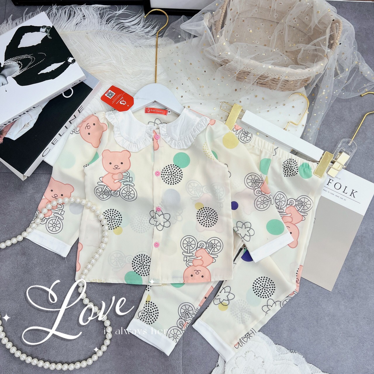 Bộ Ngủ Pijama Lụa Mango  Dài Tay cổ bèo cho bé gái