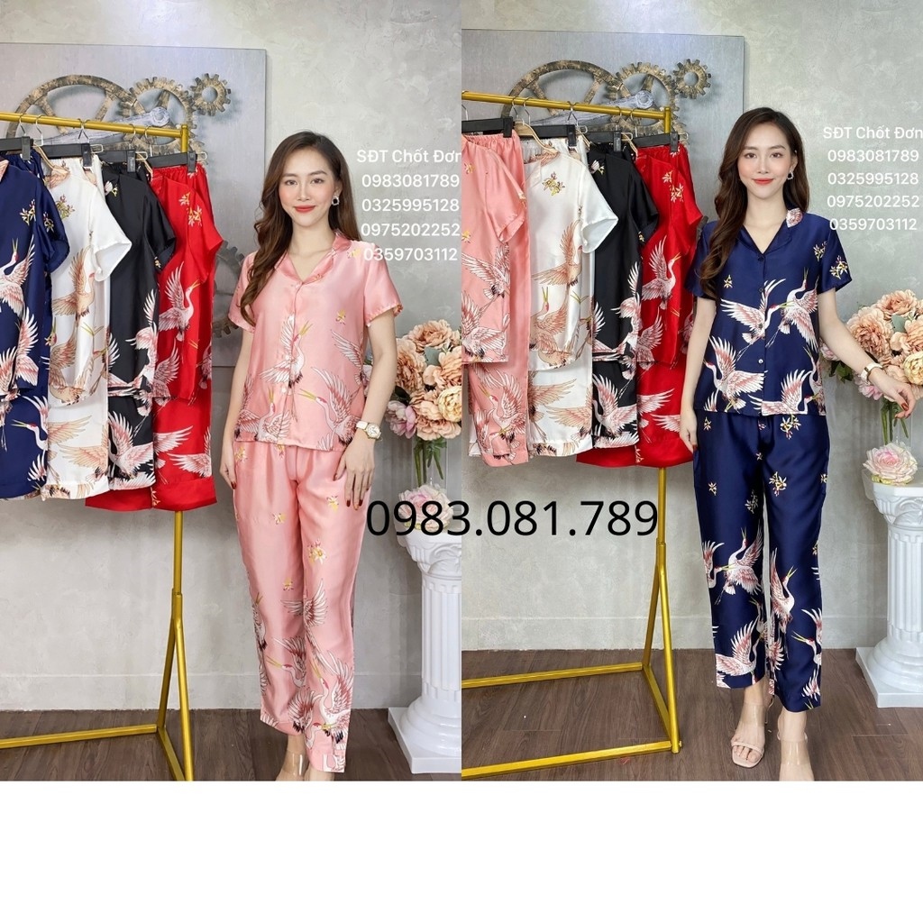 [ HOT SALE ] Bộ đồ Pijama lụa💖Bộ lụa tay cộc - quần dài họa tiết con hạc chất lụa Satin [ẢNH CHỤP THẬT]