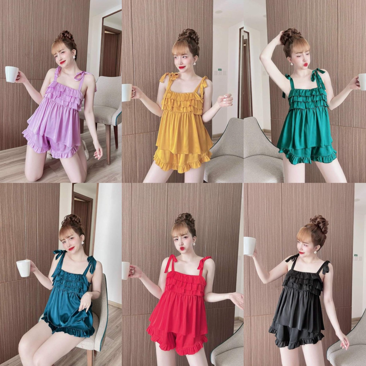 Set đồ bộ đùi kiểu 2 dây cột nơ , nhúng bèo 3 tầng siêu sang ,hot , sexy , gợi cảm db06054035412