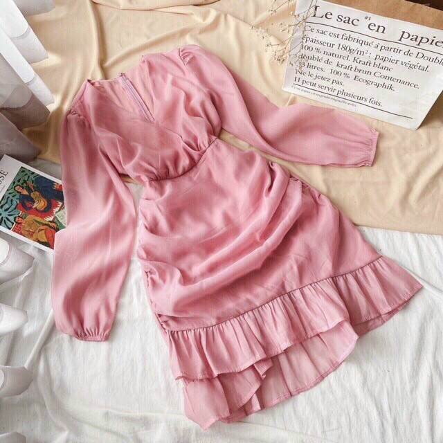 [HCM][Giá Sỉ- Sale Khuyến Mãi] ĐẦM HỒNG TAY DÀI CỔ V ĐUÔI CÁ
