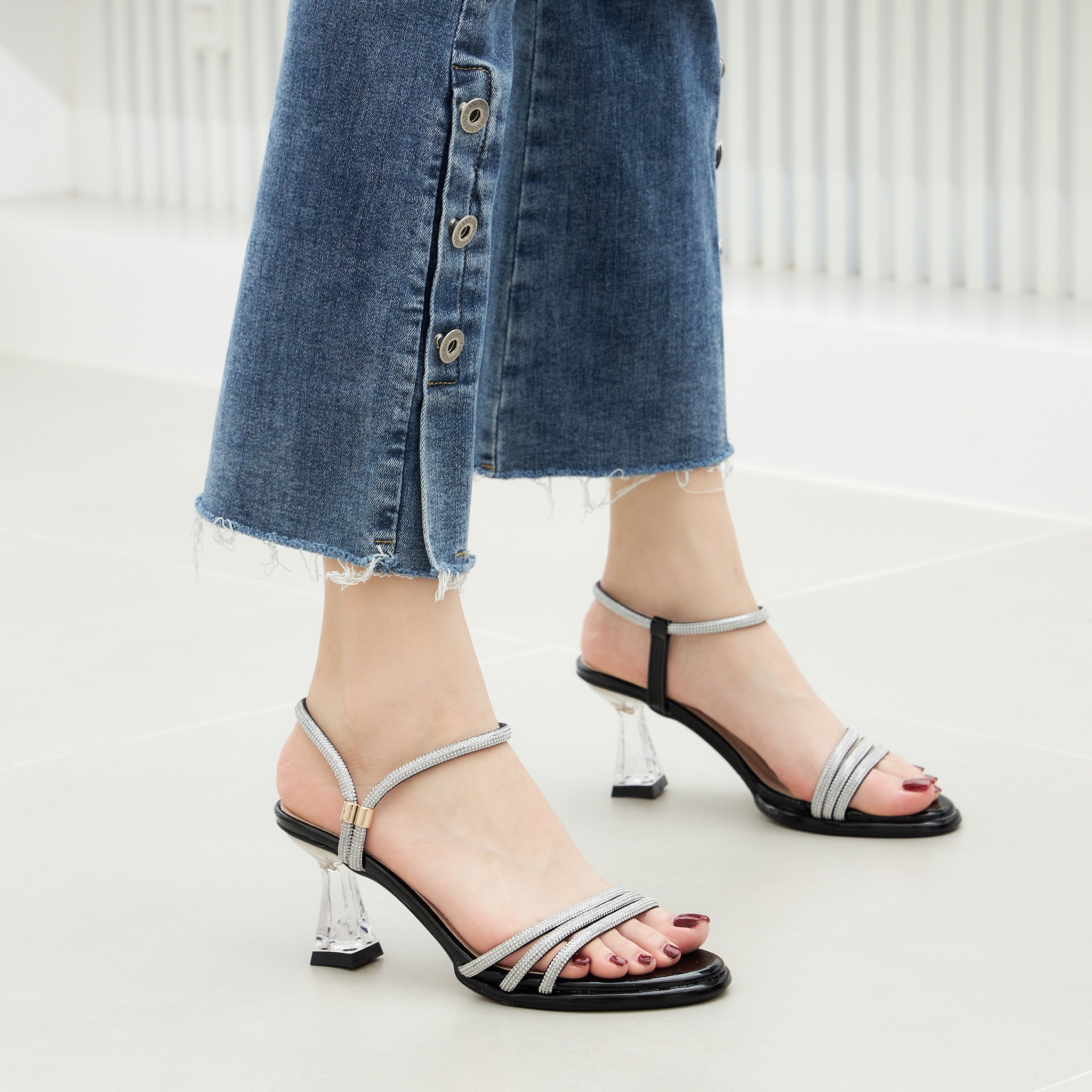 Giày cao gót mwc g014 - giày sandal cao gót đế đúp quai chéo đính đá thanh mảnh