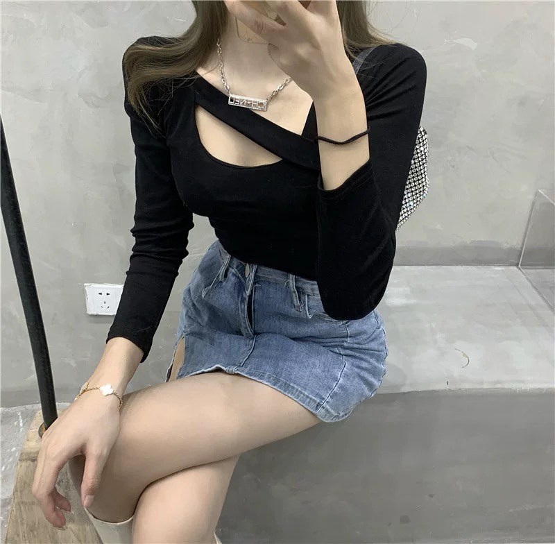MS6829 Áo thun nữ dài tay vạt chéo cá tính