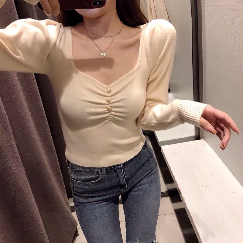 Áo thun gân kiểu tay dài cổ chữ U đính nút ngực dễ thương TTSA0059