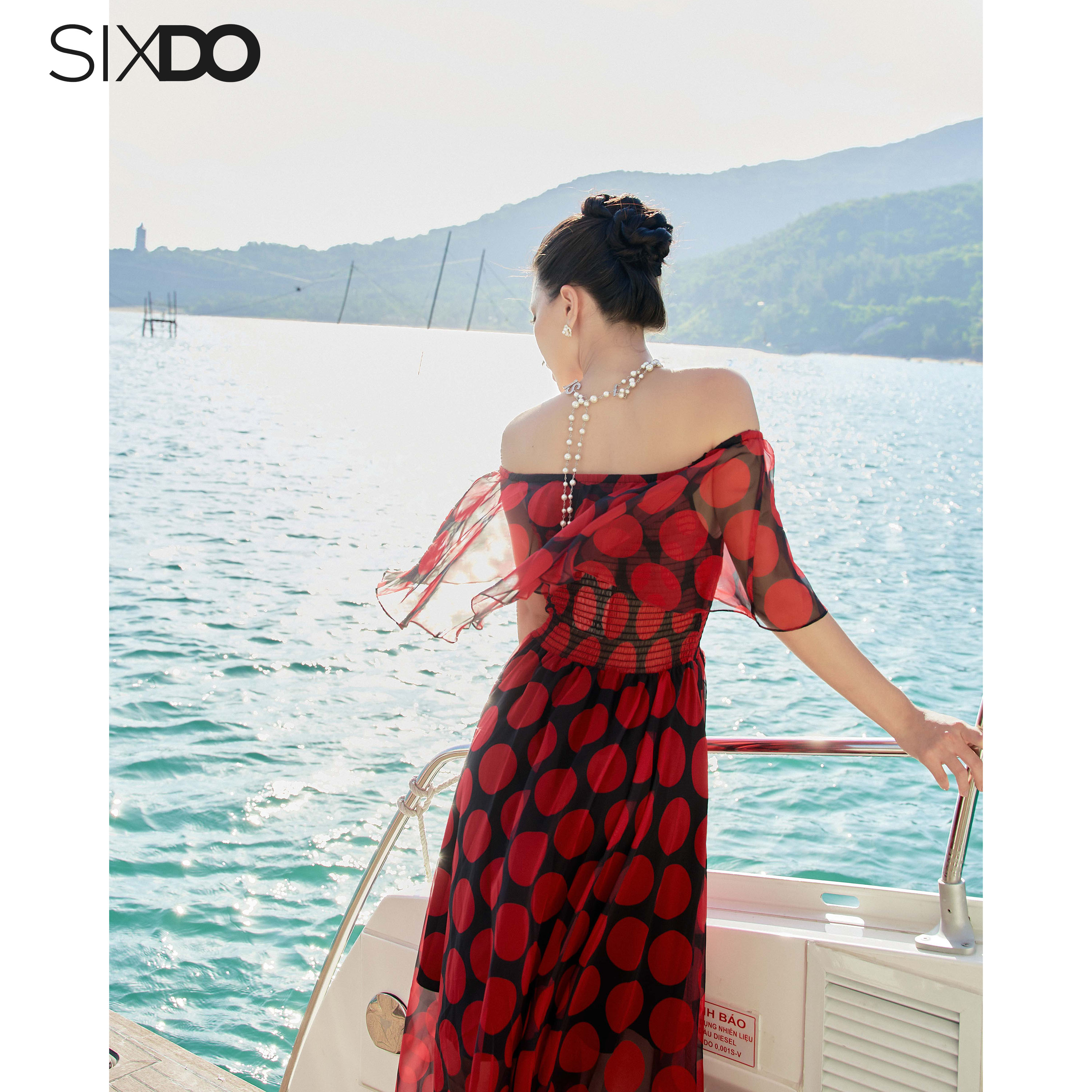 Đầm voan chấm bi trễ vai SIXDO (Black Polka Dots Midi Voile Dress)