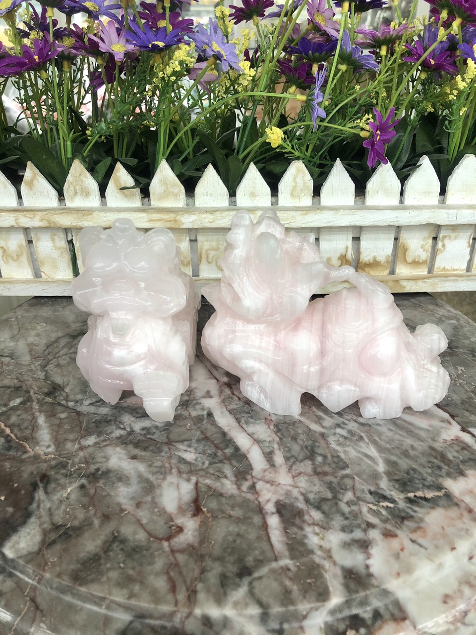 Cặp Tỳ Hưu phong thủy đá thạch anh hồng - Dài 13 cm