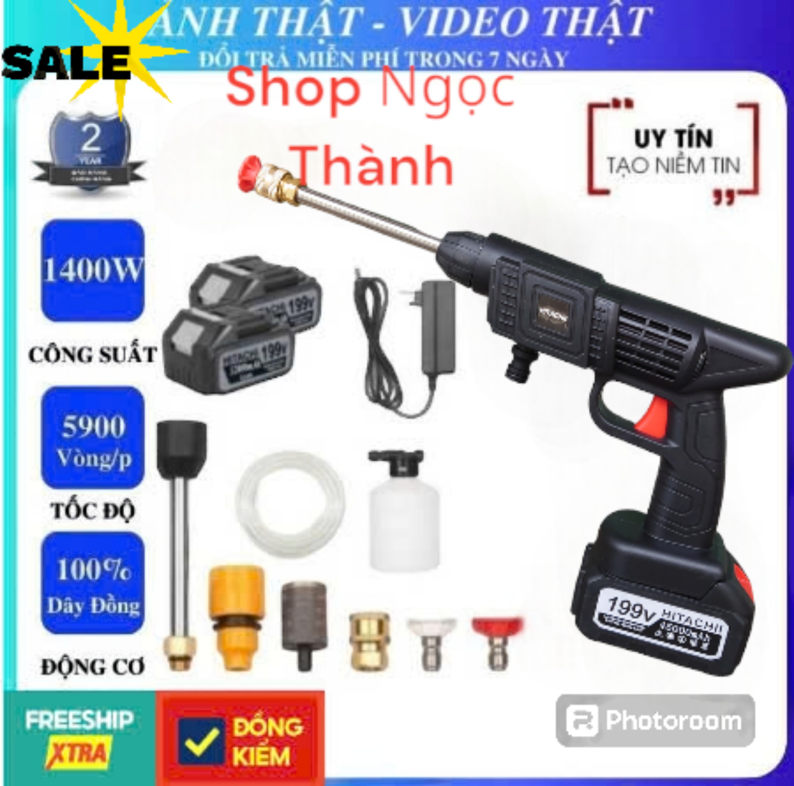 Máy rửa xe cầm tay Hitachi Hàng chính hãng máy cao áp chạy bằng pin sạc, súng rửa xe dùng cho gia đình có chế độ phun xương tạo bọt cao cấp