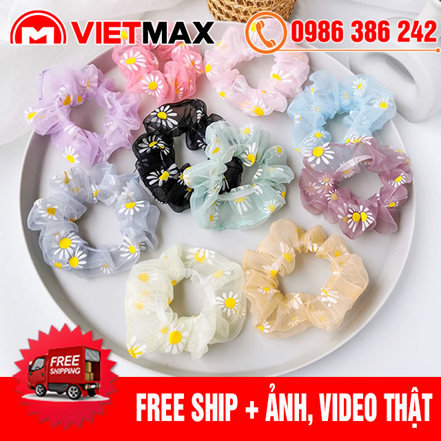 Dây Buộc Tóc Vải Hoa Cúc, Cột Tóc Scunchies Co Giãn Hàn Quốc