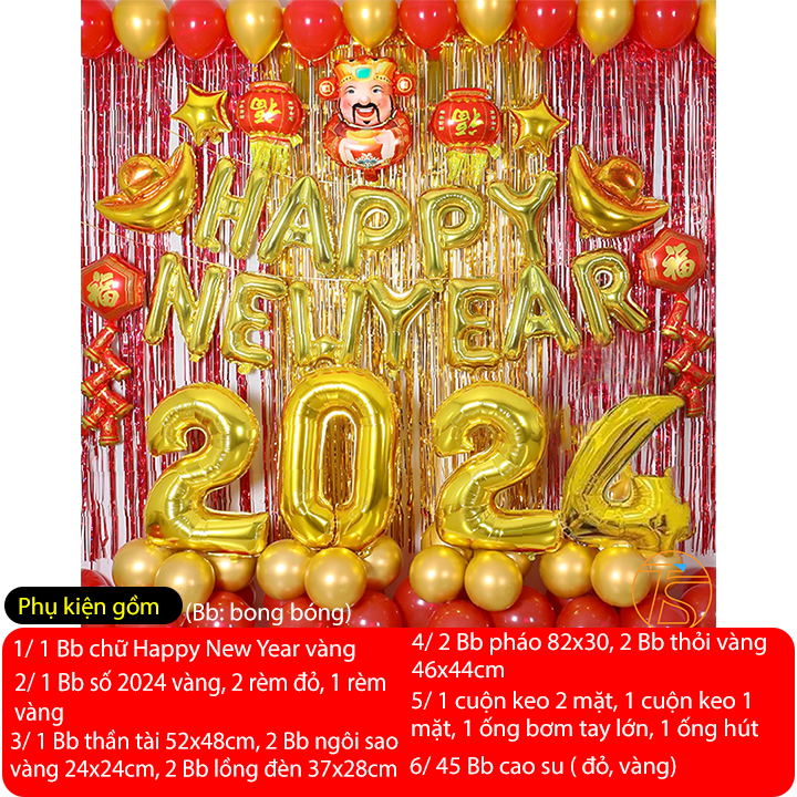 Set bong bóng Happy New Year 2024 - Bộ phụ kiện trang trí chào mừng năm mới cho tiệc countdown, giao thừa mừng tết - Bong bóng thần tài