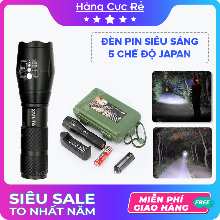 Đèn pin cầm tay mini T6, led siêu sáng trăm mét, có 5 chế độ, chống nước - Trọn bộ gồm 1 đèn bin mini XML siêu xa, 1 pin sạc 18650, 1 bộ sạc điện, 1 dụng cụ xài pin tiểu 3A AAA, 1 đồ bảo vệ pin, 1 hộp đựng - Shop Hàng Cực Rẻ