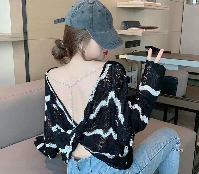 Áo len lưới xoắn lưng dây ngọc lượn sóng