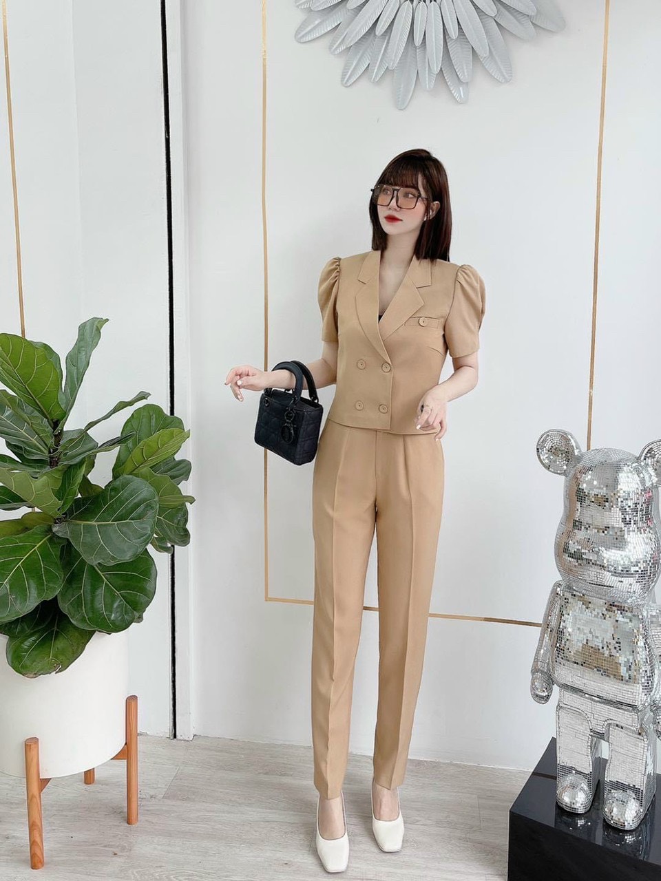 Set vest nữ bồng vai hai hàng nút tay lỡ quần bo dài siêu đẹp siêu sang chảnh