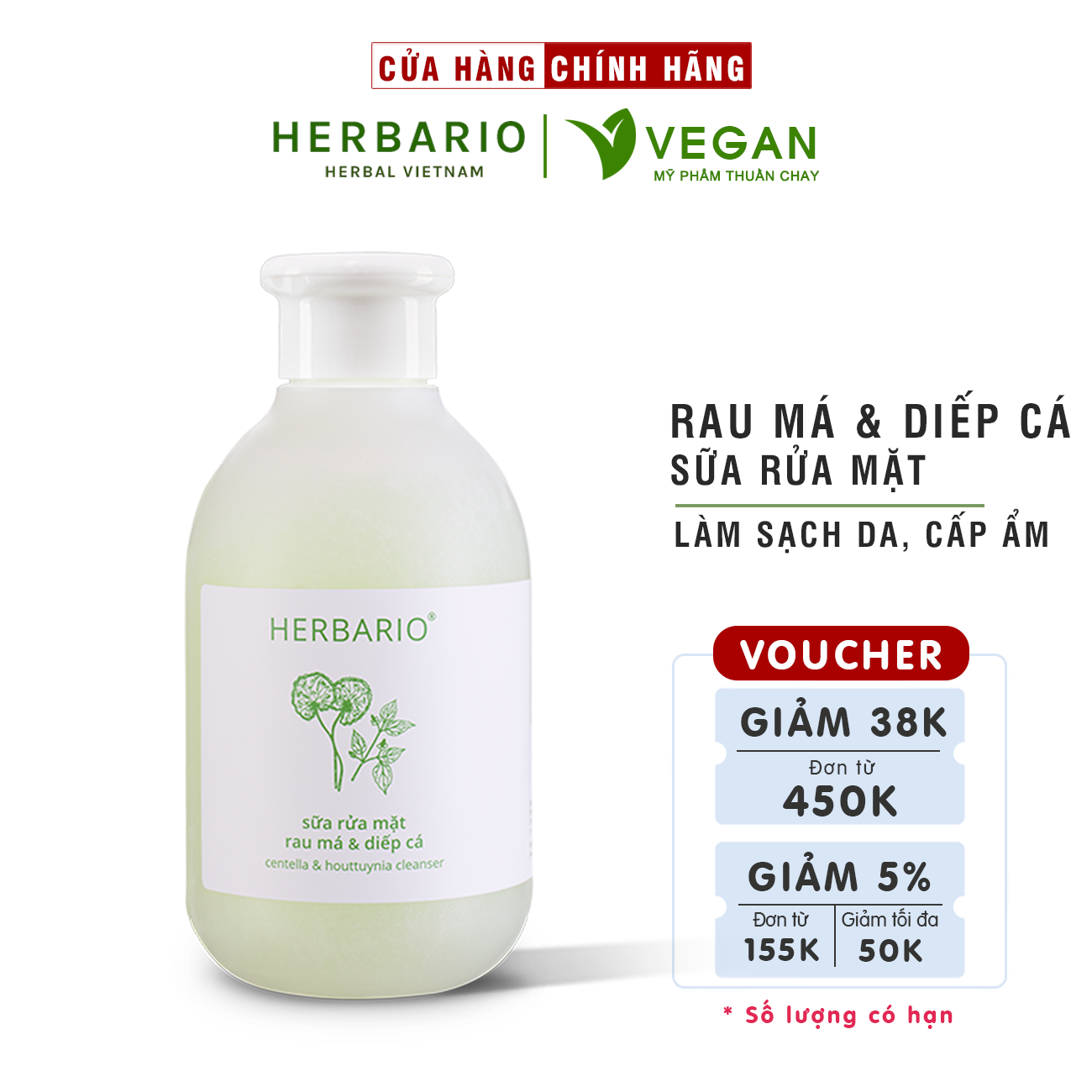Sữa rửa mặt Rau má & Diếp cá Herbario 200ml sạch mụn thuần chay - 100% Vegan - Mỹ phẩm thuần chay