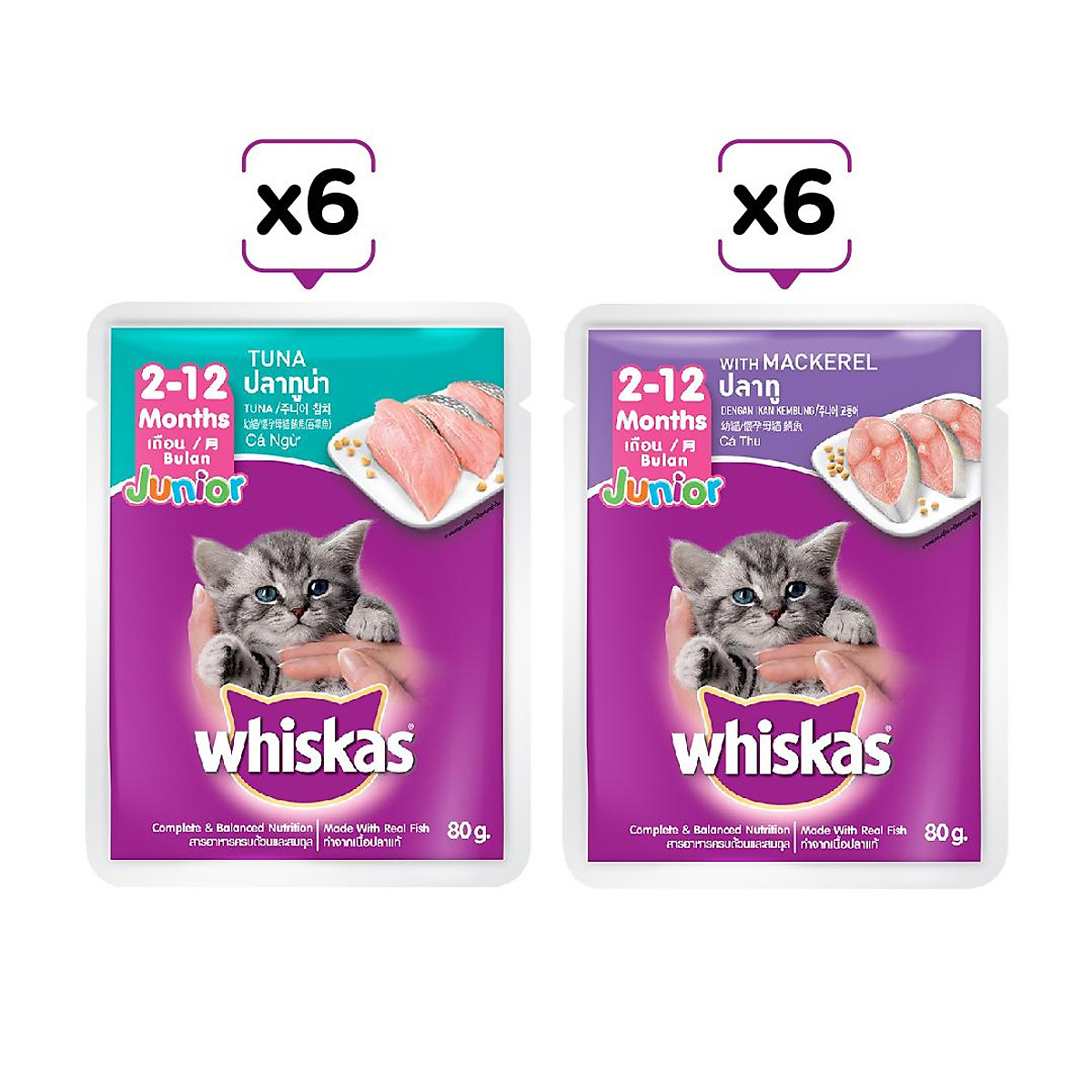 WHISKAS - COMBO 6+ 1 x 480gr/bao (vị cá ngừ) + 3 x 80gr/gói (Mix vị)