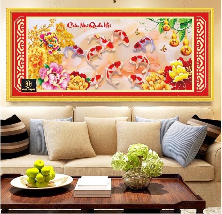 Tranh thêu chữ thập Cửu Ngư Quần Hội MN0051 Kích thước 150x65cm