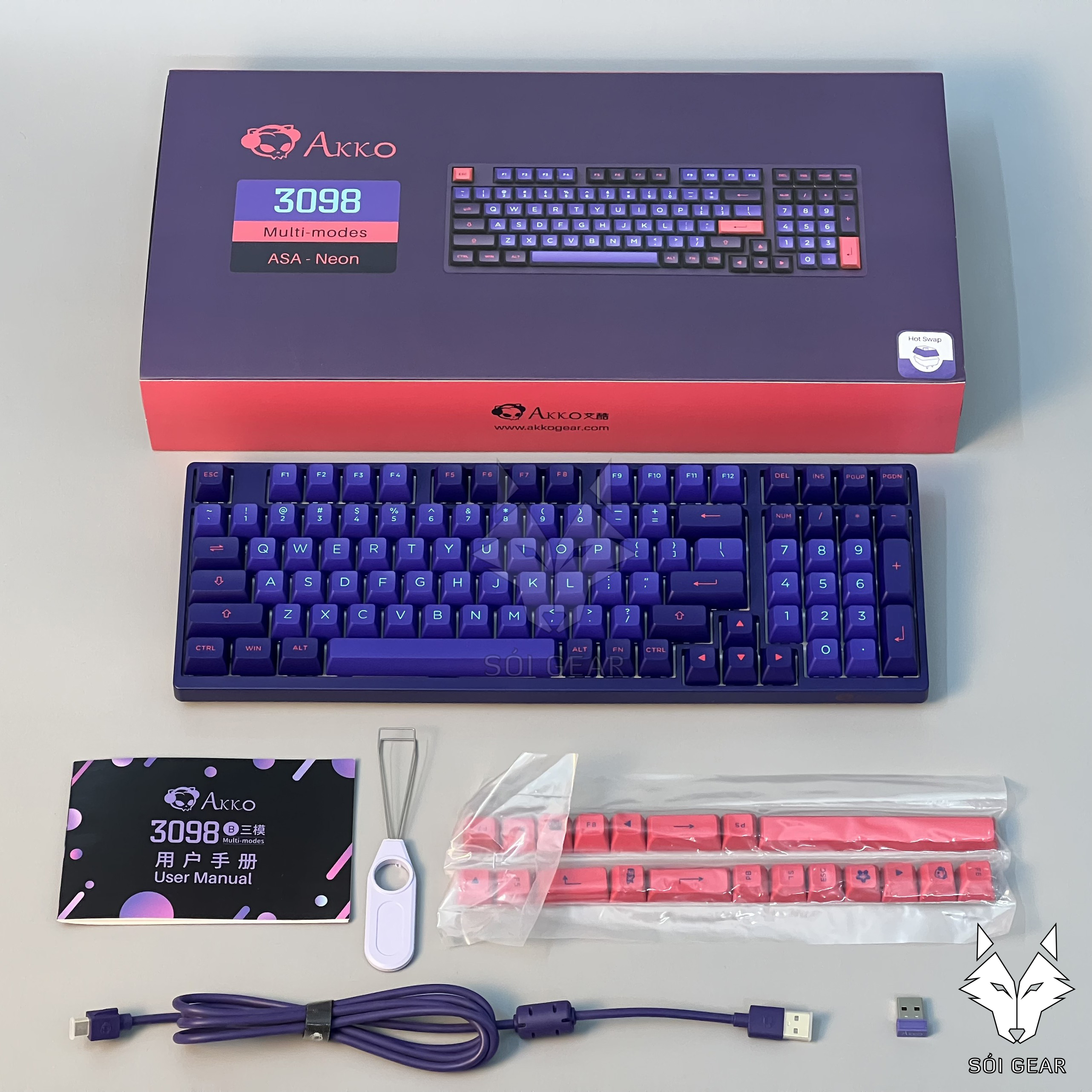 Bàn phím cơ không dây AKKO 3098B Multi-modes Neon (Bluetooth 5.0 / Wireless 2.4Ghz / Hotswap / RGB)