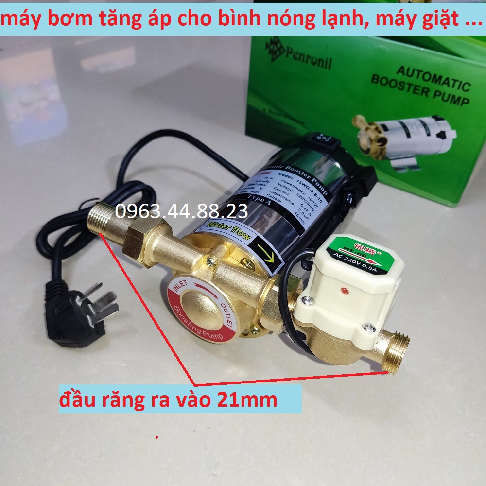 Máy bơm tăng áp cho máy giặt, nóng lạnh, tưới cây (100W), bơm áp *Điện áp trực tiếp 220V *Đẩy tối đa 8m, lưu lượng tối đa 10lít/phút *Dây quấn, cánh quạt, buồn bơm bằng đồng