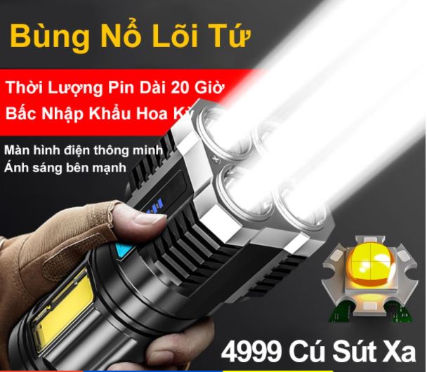 Đèn Pin Siêu Sáng 4 Led 4 Chế Độ Chiếu Sáng cổng sạc pin USB