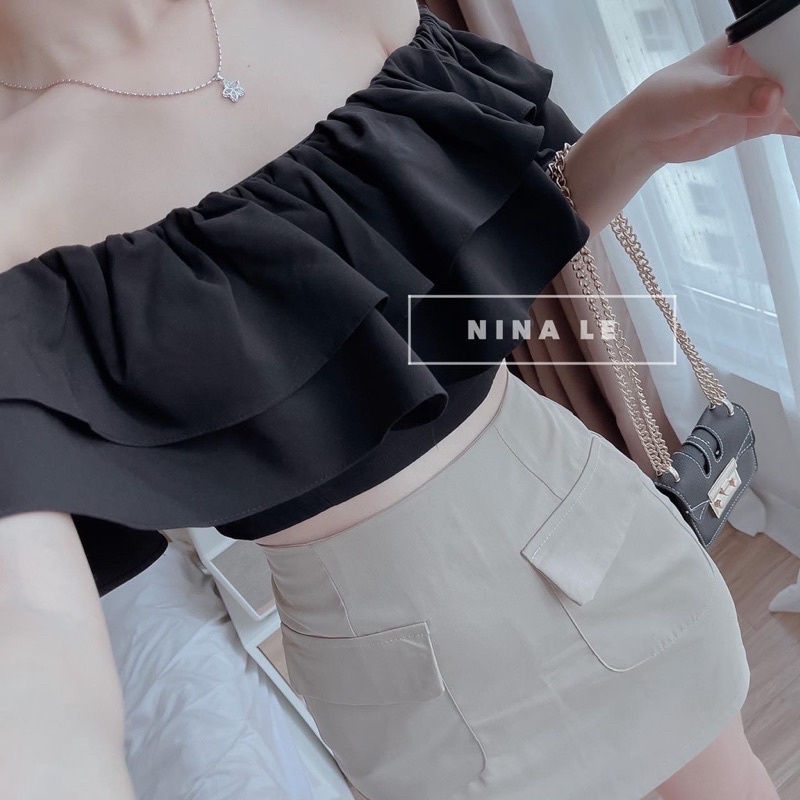 Áo bệt vai kate viền bèo 2 tầng