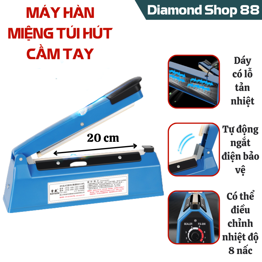 Máy hàn miệng túi dập tay 20cm PFS200 lõi đồng kèm dây hàn nhiệt cao cấp, máy hàn miệng túi nilon 20cm, máy hàn miệng túi mini, máy niêm phong miệng túi