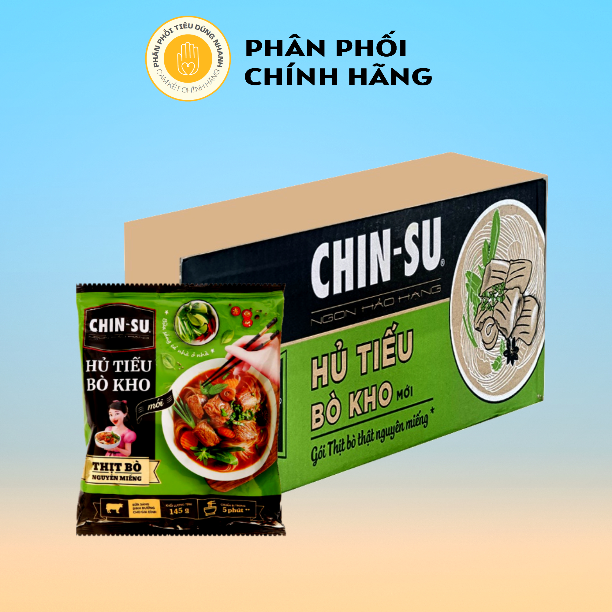 Thùng 15 Gói Hủ Tiếu Bò Kho ChinSu Thịt Bò Thật 145g