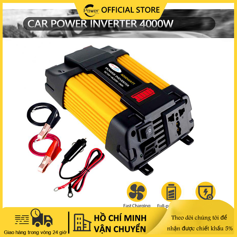 Biến Tần Sóng Sin Biến Đổi Tần Số Cao 4000W Inverter , Biến Tần Công Suất Cực Đại DC 12V - AC 220V,Bộ Chuyển Đổi Biến Tần Bộ Sạc Điện Xe Hơi Với Đèn LED Cổng Cổng USB Kép 2.1A Hiển Thị Công Suất Batte-rys