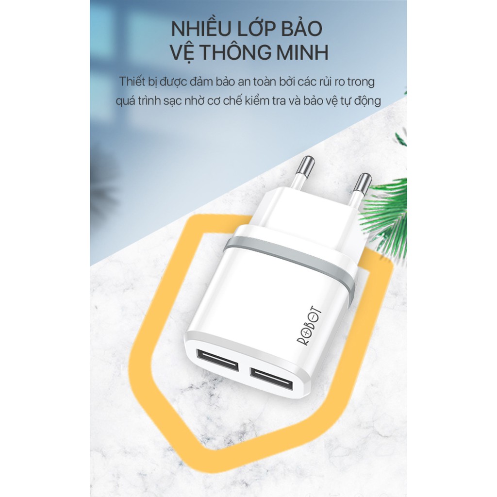 Cốc Sạc 2 Cổng USB 2.1A - ROBOT K9 - Tặng kèm Cáp Micro 1m