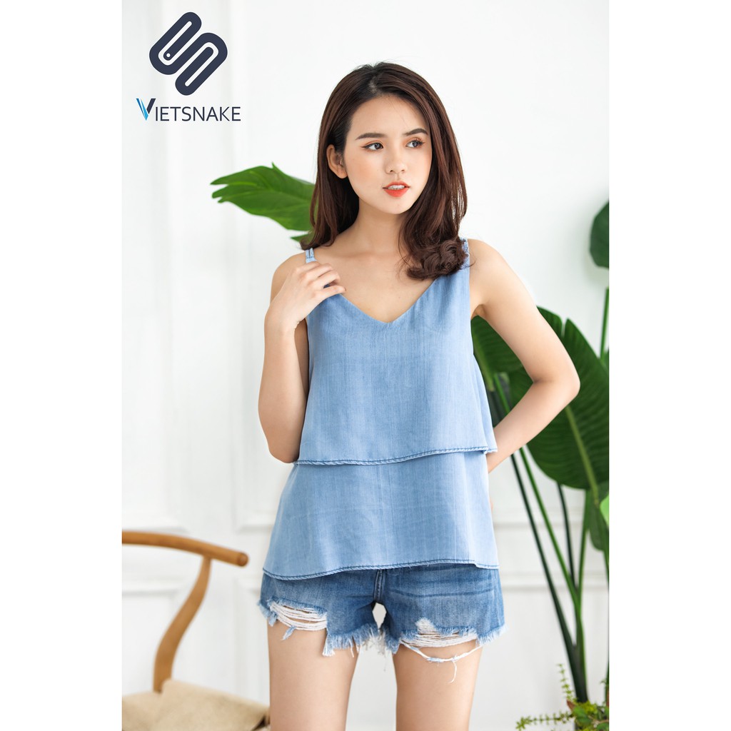 [KÈM ẢNH THẬT] Áo jeans lụa 2 dây bèo tầng